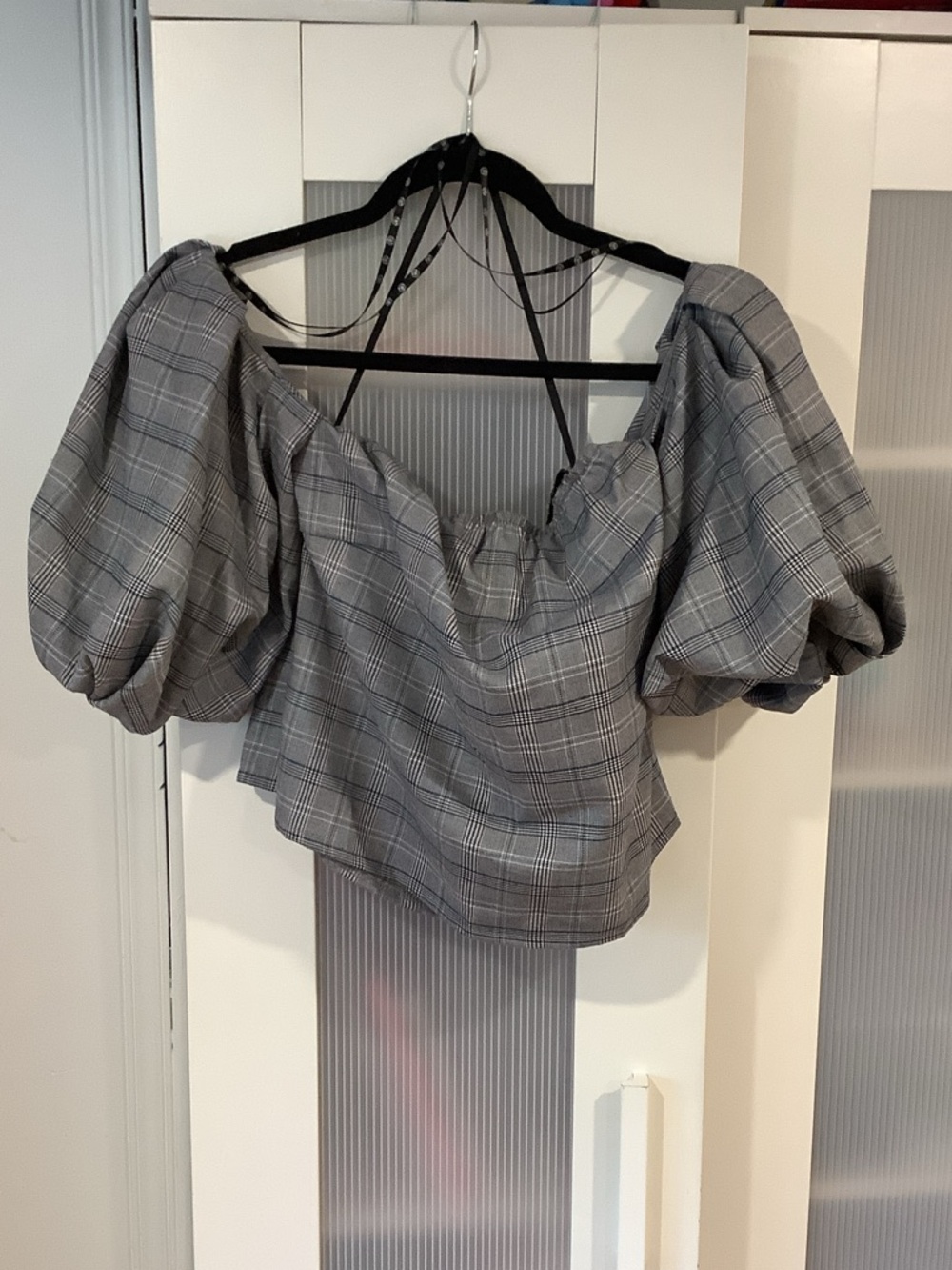 Plaid Puff-Sleeve Off-Shoulder Top - Gray